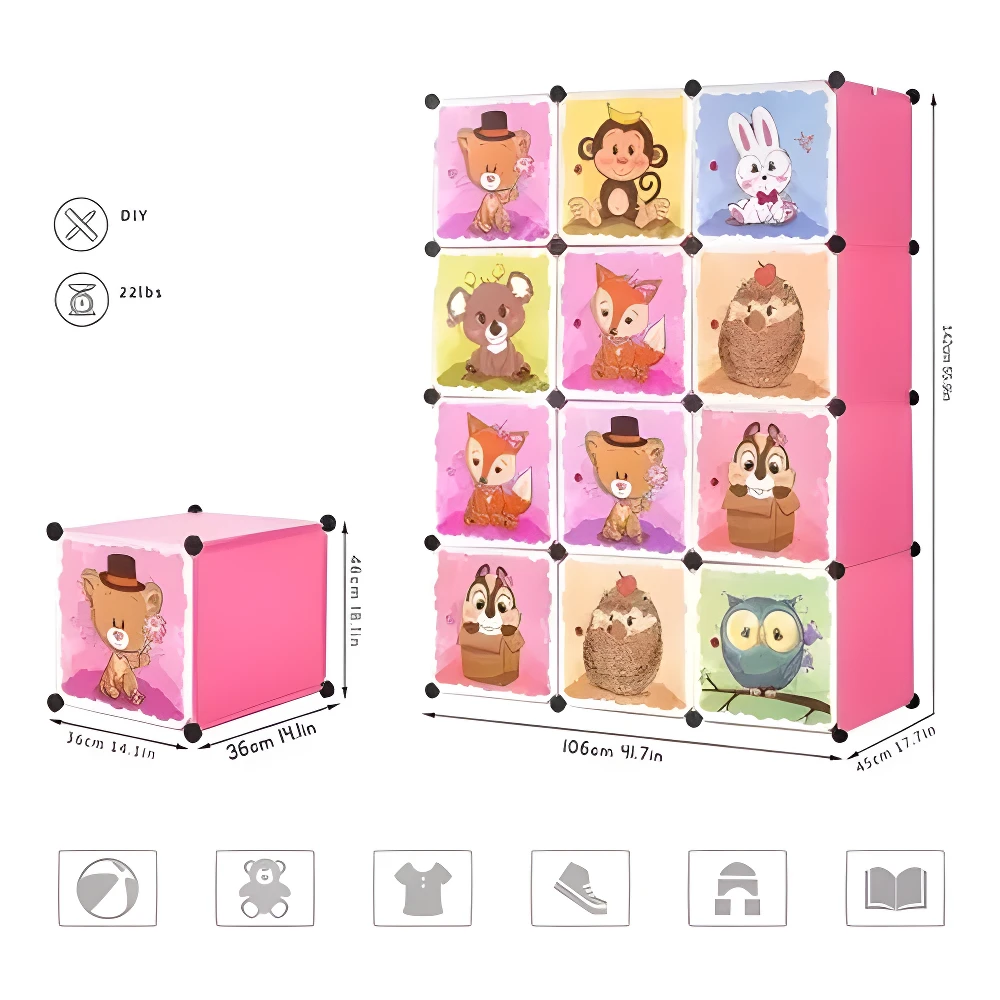 Armario organizador modular de tela rosa con diseños infantiles de animales en cada cubo.