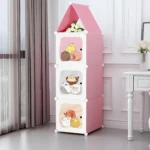 Armario rosa modular 3 cubos con animales caricaturizados, para ropa y juguetes infantiles.