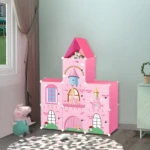 Armario modular rosa forma castillo infantil con puerta y ventana para ropa y juguetes.