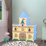 Armario modular de juguete castillo azul y amarillo con príncipes y puerta de entrada.