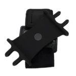 Banda deportiva negra para celular con soporte ajustable, ideal para correr.