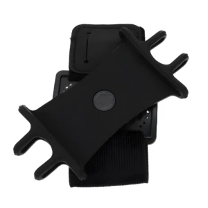 Banda deportiva negra para celular con soporte ajustable, ideal para correr.
