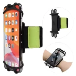 Banda porta celular para brazo o muñeca, negra con detalle verde neón, ajustable para deporte.