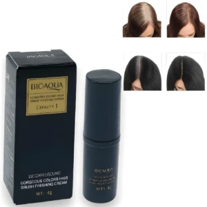 Barra retocadora temporal cobertura canas color café oscuro de BIOAQUA, con empaque y aplicador cilíndrico. Muestra resultados en raíces castañas y negras.