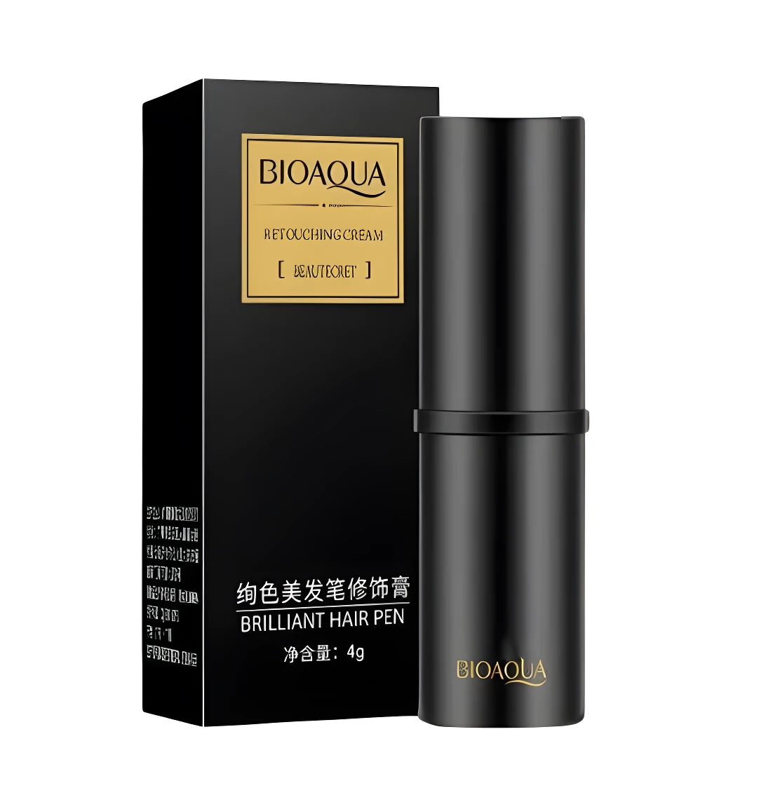 Lápiz retocador capilar BIOAQUA negro, crema cubrecana instantánea. Caja negra con detalles dorados y producto cilíndrico. Contenido 4g.