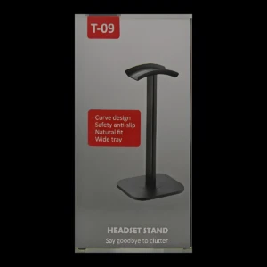 Soporte de auriculares negro metálico T-09 con base cuadrada, diseño curvo y texto "Headset Stand".