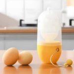 Set x2 batidor de huevos amarillo y blanco con dos huevos a la izquierda en mesa de madera.