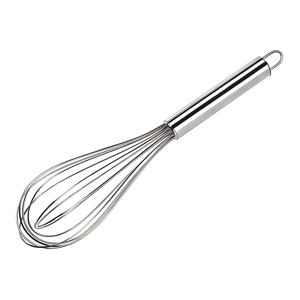 Batidor manual de acero inoxidable con mango plateado, ideal para batir y mezclar ingredientes en la cocina.