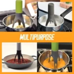 Batidor mezclador automático portátil en acción, revolviendo salsas y líquidos en diferentes recipientes de cocina.