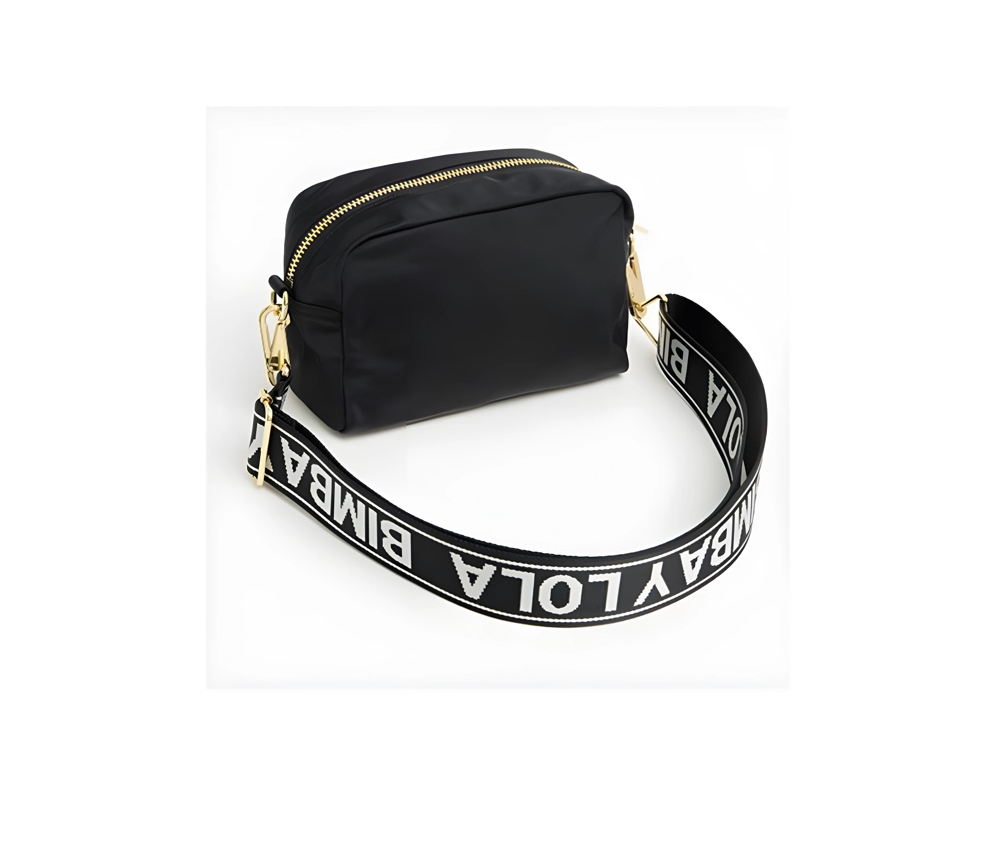 Bimba y Lola porta celular negro de nylon con correa de marca dorada y blanca.