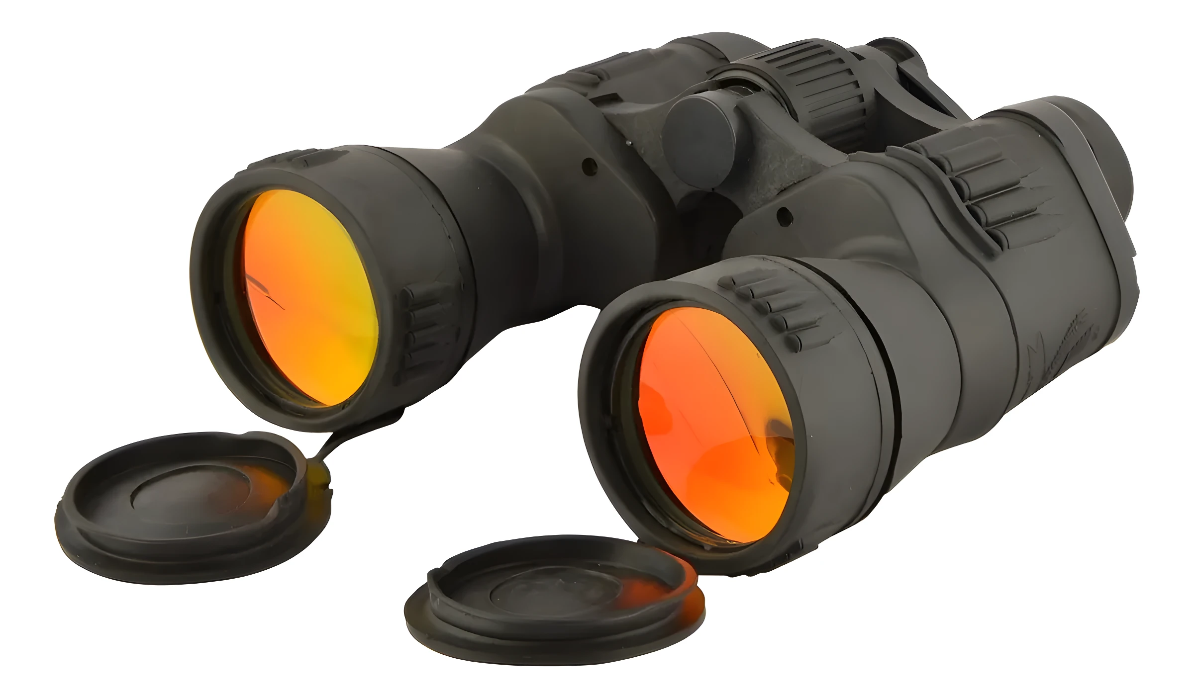 Binoculares oscuros con lentes objetivo con recubrimiento reflectivo naranja/ámbar y tapas protectoras abiertas.