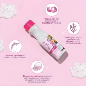 Bio Repolarizador Capilar Milagros, botella blanca con tapa fucsia, ideal para reparar y proteger el cabello.