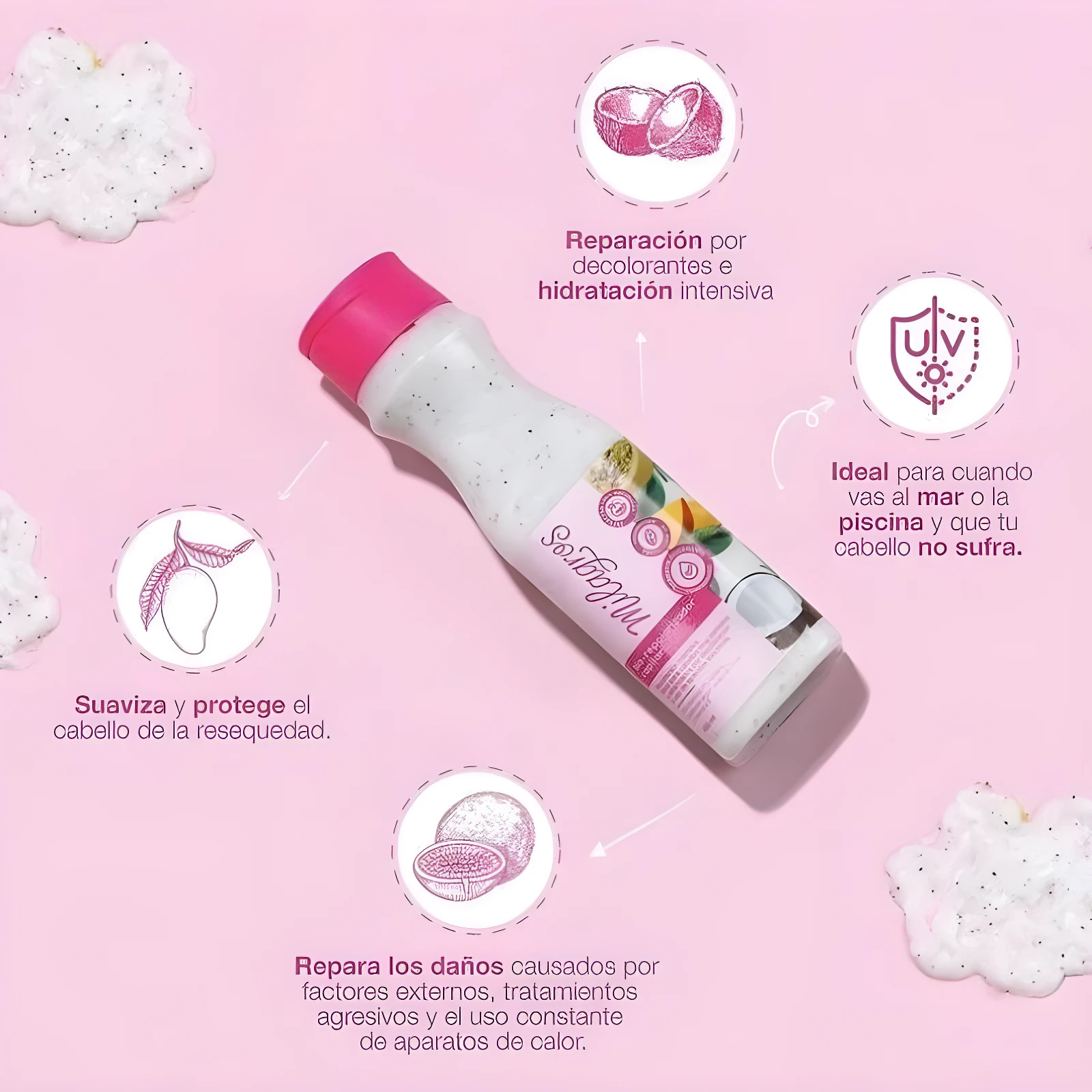 Bio Repolarizador Capilar Milagros, botella blanca con tapa fucsia, ideal para reparar y proteger el cabello.