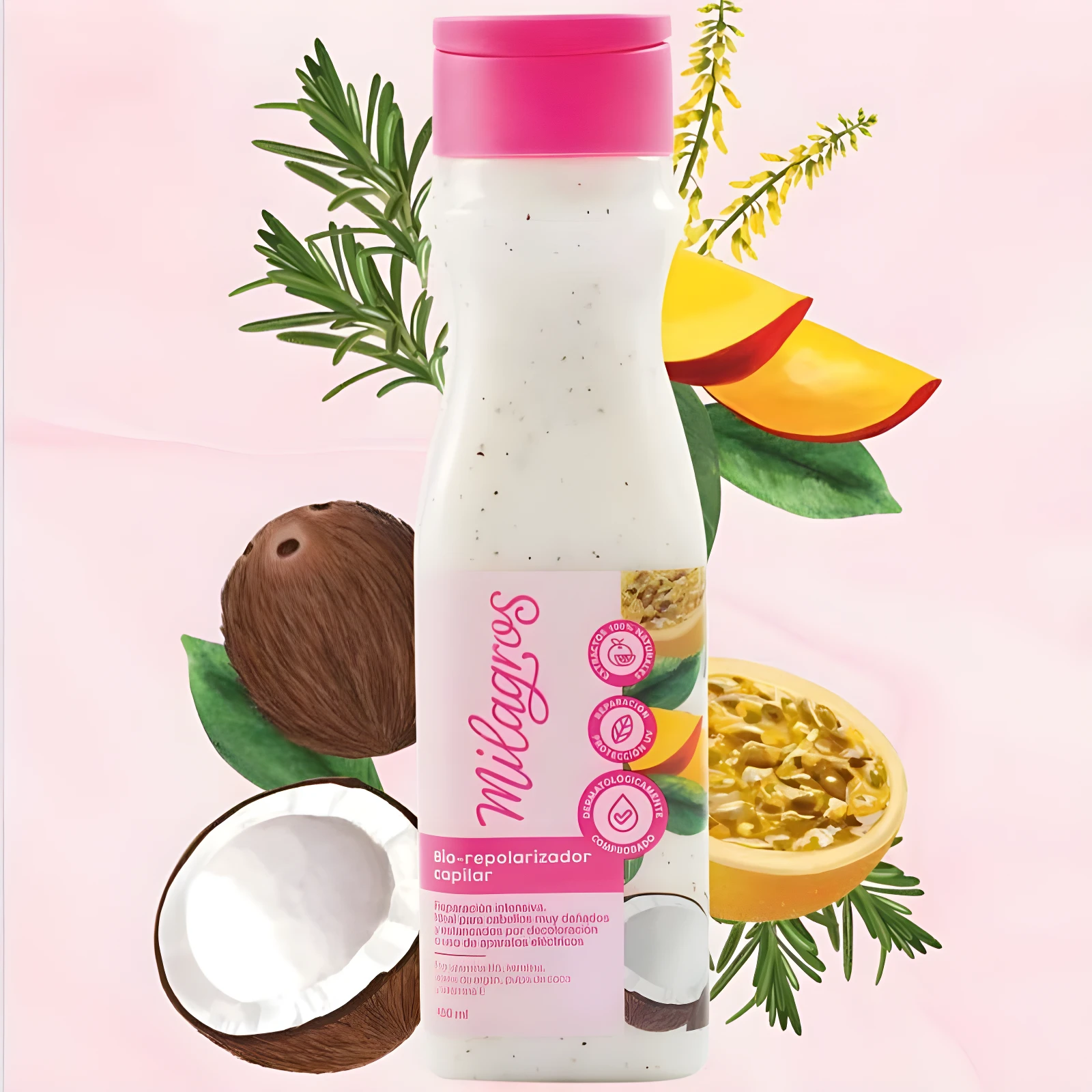Crema capilar Milagros bio-repolarizador en envase blanco con tapa rosa, rodeada de coco, mango y romero. Contenido 150 ml.