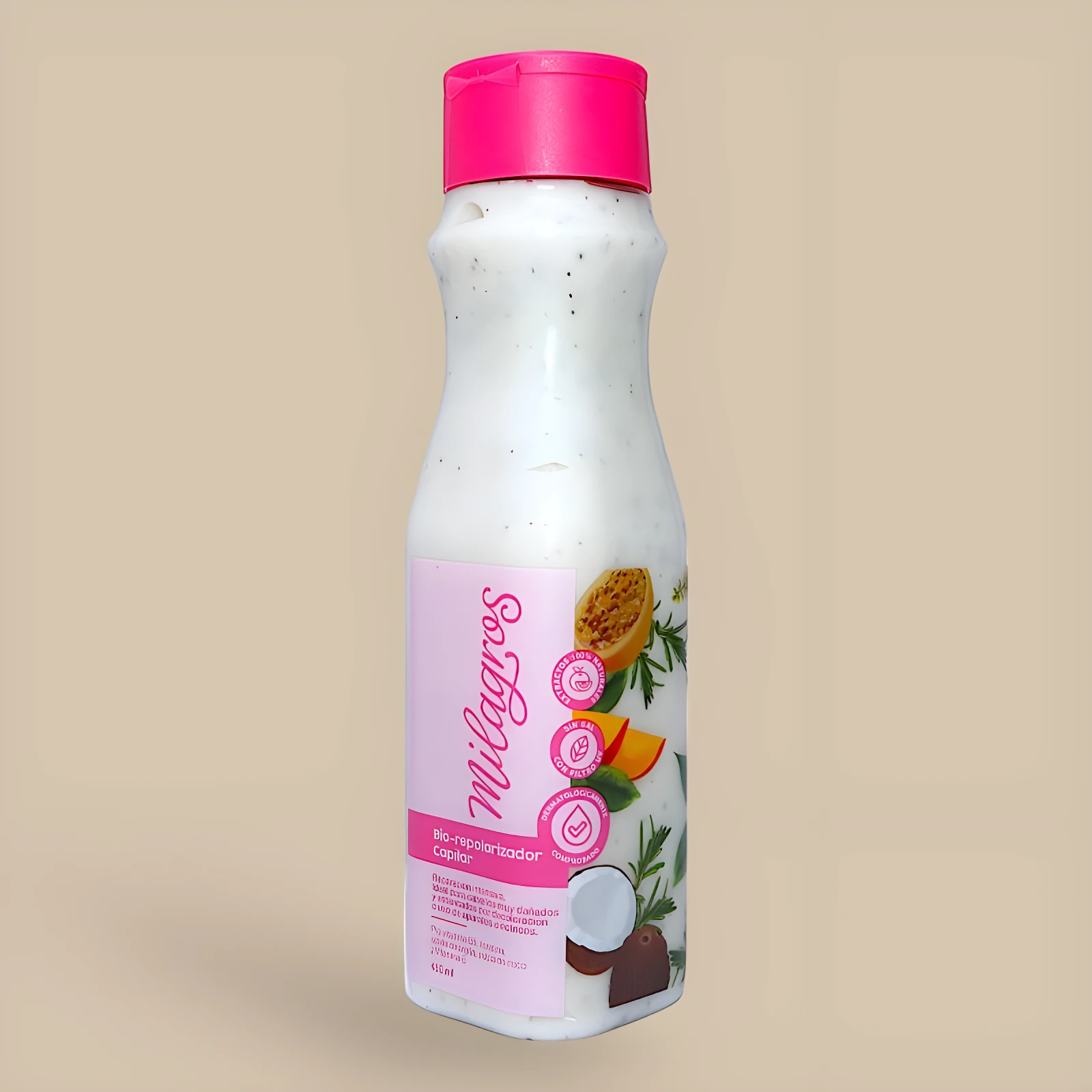 Crema bio repolarizador capilar Milagros blanca con tapa fucsia, 450ml, para cabello dañado.