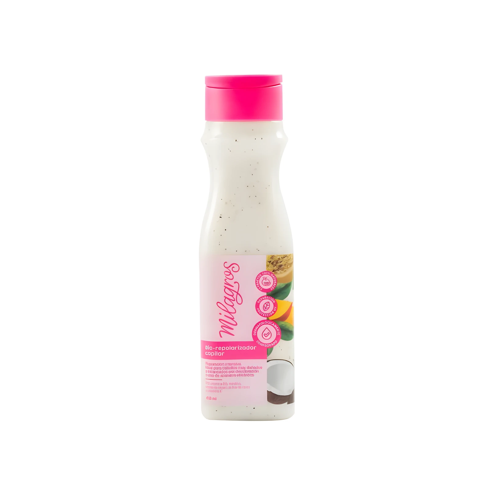 Botella de Bio Repolarizador Capilar Milagros con tapa fucsia y etiqueta rosa con ingredientes naturales, 60 ml.