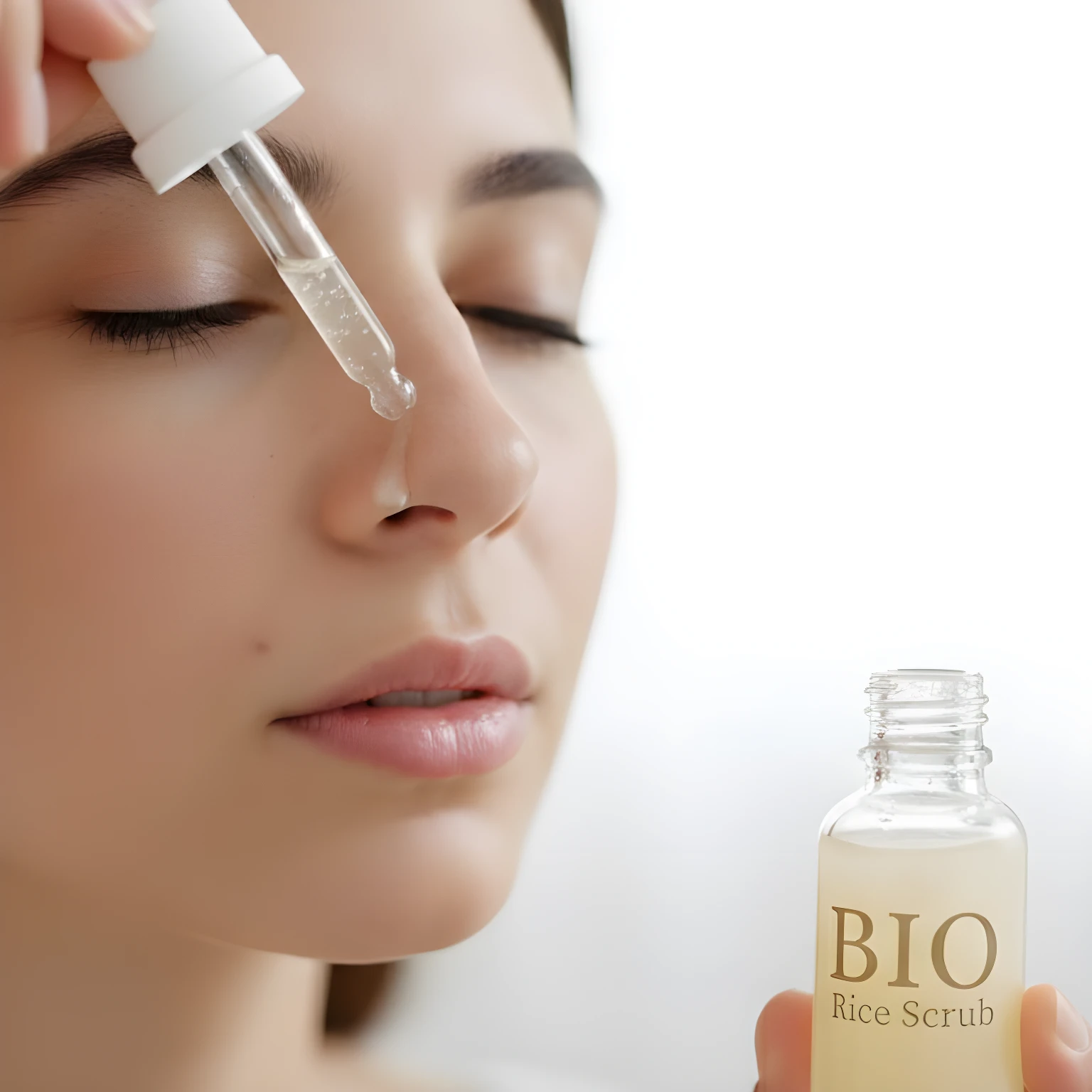 Mujer aplica suero líquido con gotero en el rostro cerca de botella transparente de Bio Rice Scrub.