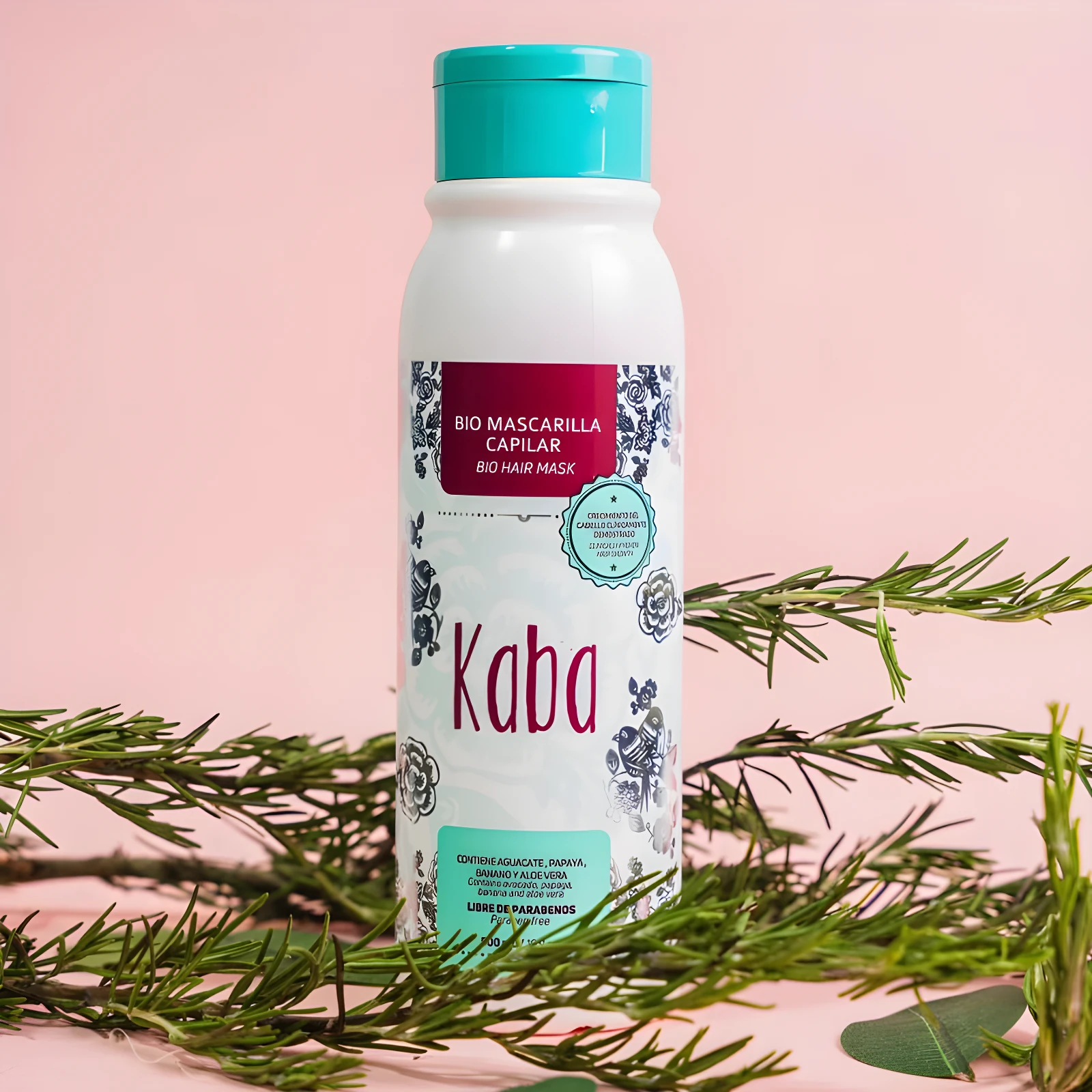 Botella de Biomascarilla Capilar Kaba verde agua con tapa turquesa, sobre fondo rosa y rodeada de romero.