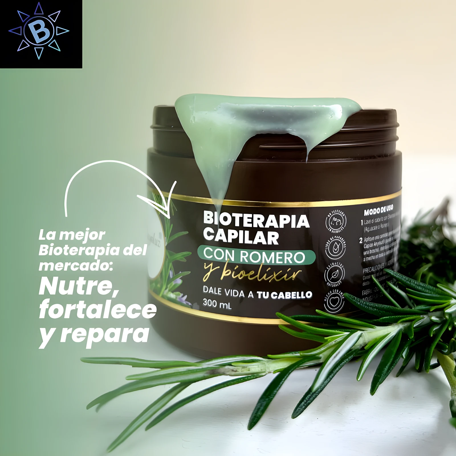 Bioterapia Capilar Anyeluz con Romero y Bioelixir, tarro marrón con producto verde, 300ml, nutre, fortalece y repara.