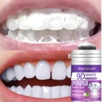 Blanqueador dental en polvo morado 9D White. Comparativa de dientes con espuma y dientes blancos, incluye tarro de 50g.