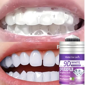 Blanqueador dental en polvo morado 9D White. Comparativa de dientes con espuma y dientes blancos, incluye tarro de 50g.