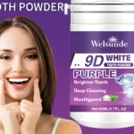 Polvo dental Welsunde 9D White Purple, envase de 80ml, sobre fondo morado con mujer sonriente mostrando dientes blancos y un diamante.