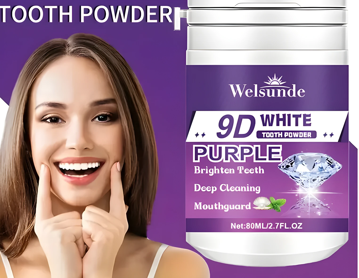Polvo dental Welsunde 9D White Purple, envase de 80ml, sobre fondo morado con mujer sonriente mostrando dientes blancos y un diamante.