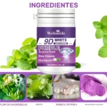 Blanqueador dental en polvo Welsunde 9D Purple, con menta, esencia de perla y bicarbonato de sodio. Contenido neto 80ml/2.7 fl.oz.