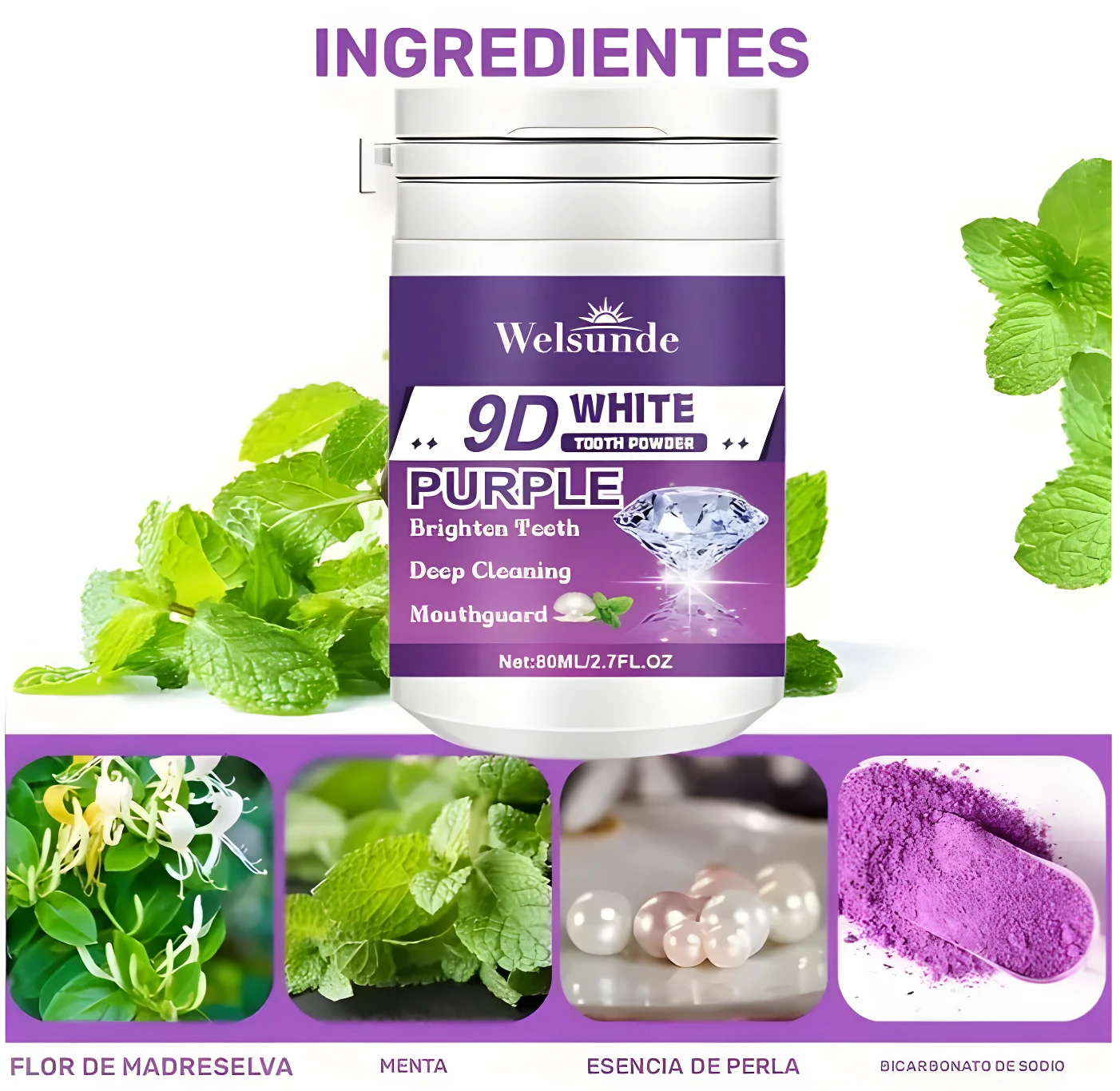 Blanqueador dental en polvo Welsunde 9D Purple, con menta, esencia de perla y bicarbonato de sodio. Contenido neto 80ml/2.7 fl.oz.