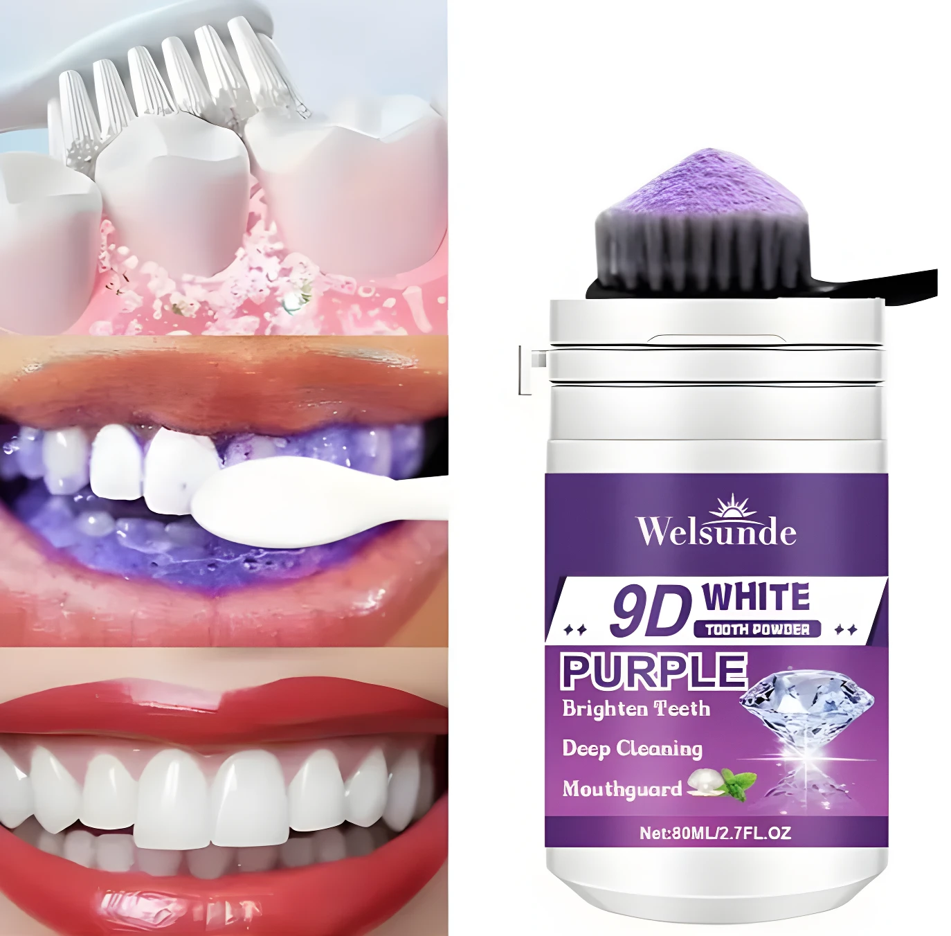Tarro Welsunde 9D White Purple Tooth Powder, con cepillo y ejemplos de uso para blanquear dientes. Contenido neto 80ml/2.7FL.OZ.