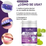 Polvo dental Welsunde 9D Purple para blanquear dientes, mostrando el uso paso a paso: aplicación, cepillado y sonrisa final. Contenido 80ML.