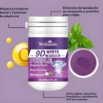 Envase de polvo dental Welsunde 9D White morado, 80ml, junto a hojas de menta y un tazón con polvo violeta.