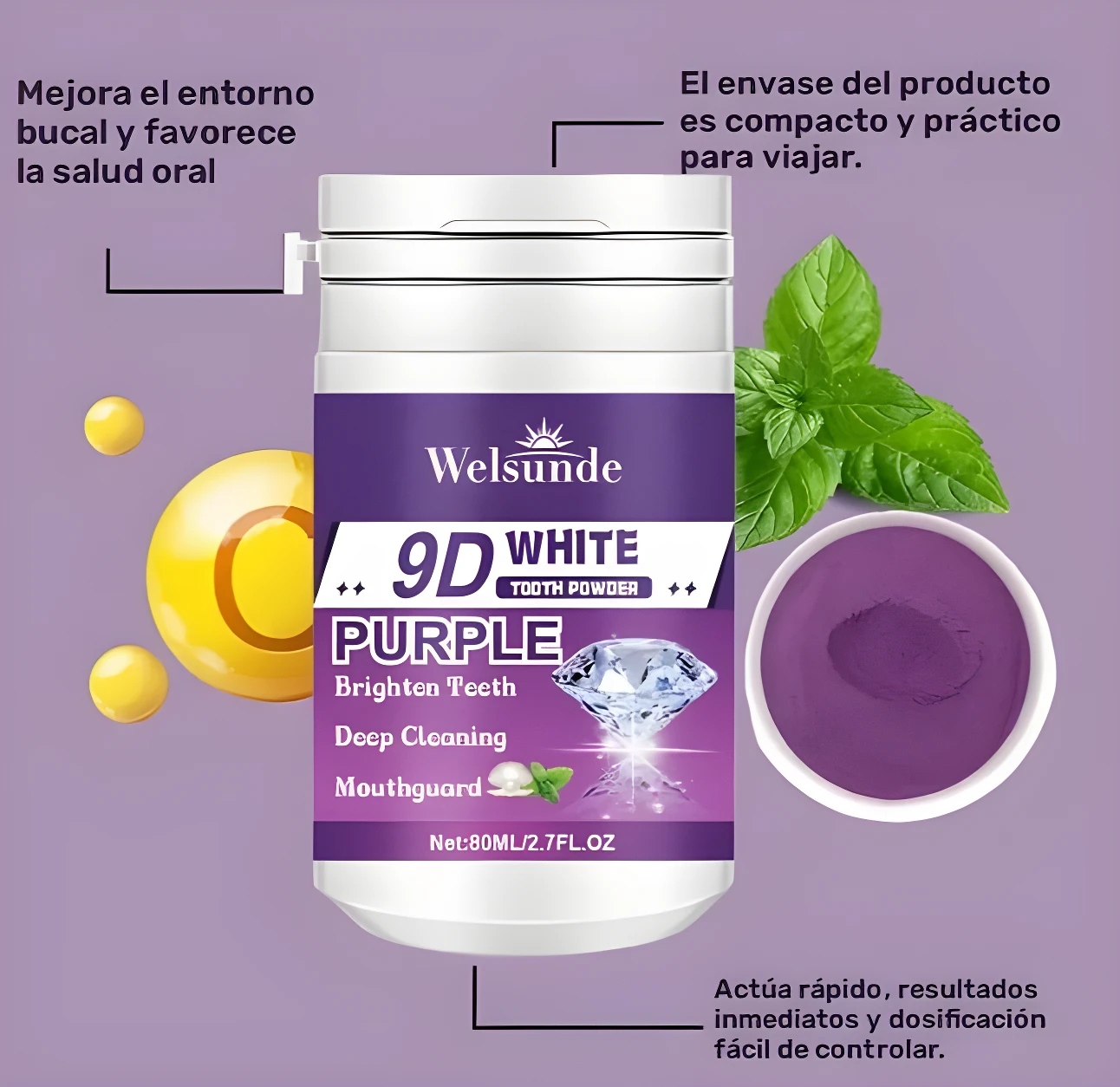 Envase de polvo dental Welsunde 9D White morado, 80ml, junto a hojas de menta y un tazón con polvo violeta.