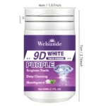 Envase cilíndrico blanco y morado de polvo dental Welsunde 9D White Purple. Mide 7cm de alto y 4cm de ancho.