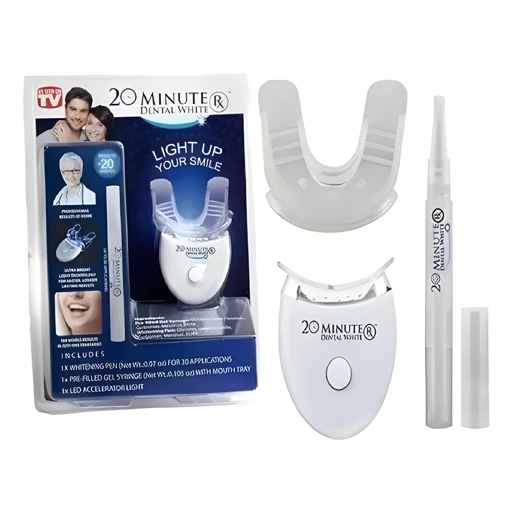 Kit blanqueador dental LED blanco 20 Minute Dental White: luz aceleradora, molde bucal, jeringa y lápiz aplicador.