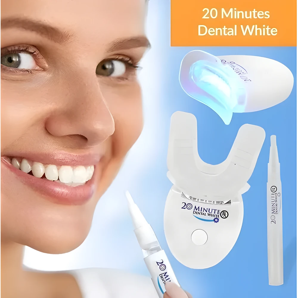 Kit blanqueador dental LED blanco 20 Minutos con luz azul y dos lápices aplicadores de gel para dientes blancos.