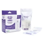 Caja y bolsa de leche materna Only Baby Natural 120ml x 30 unidades, blancas con detalles morados, para conservación segura.