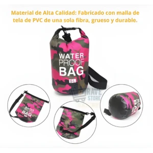 Bolsa seca estanca 5L con estampado camuflado rosa y verde, ideal para kayak y senderismo.