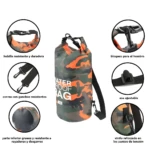 Bolsa seca impermeable 10L camuflaje militar, con correas ajustables y refuerzos en puntos de tensión.