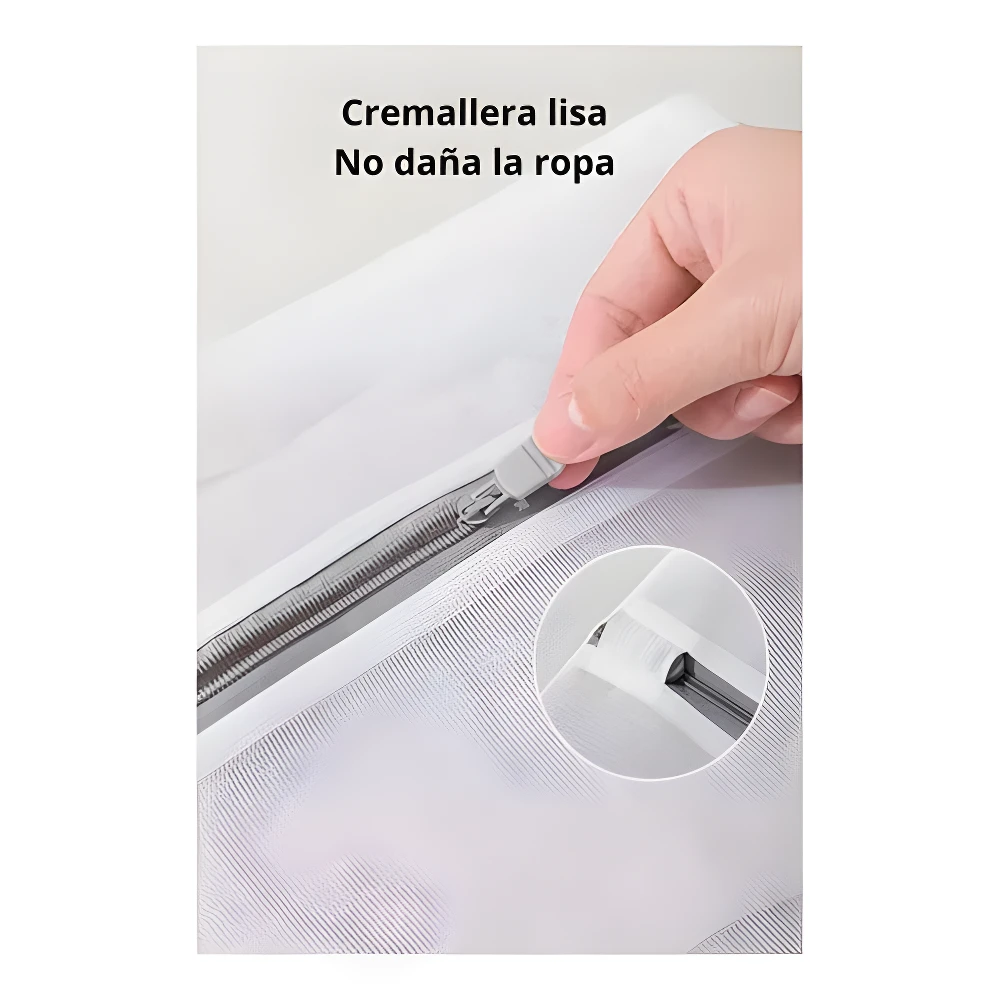 Cierre liso de bolsa de malla blanca para lavar ropa delicada sin dañar prendas.