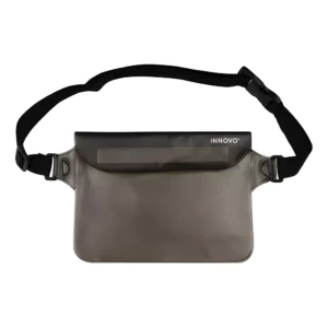 Riñonera impermeable Innovo negra y gris humo, con correa ajustable, ideal para proteger celular y documentos del agua.