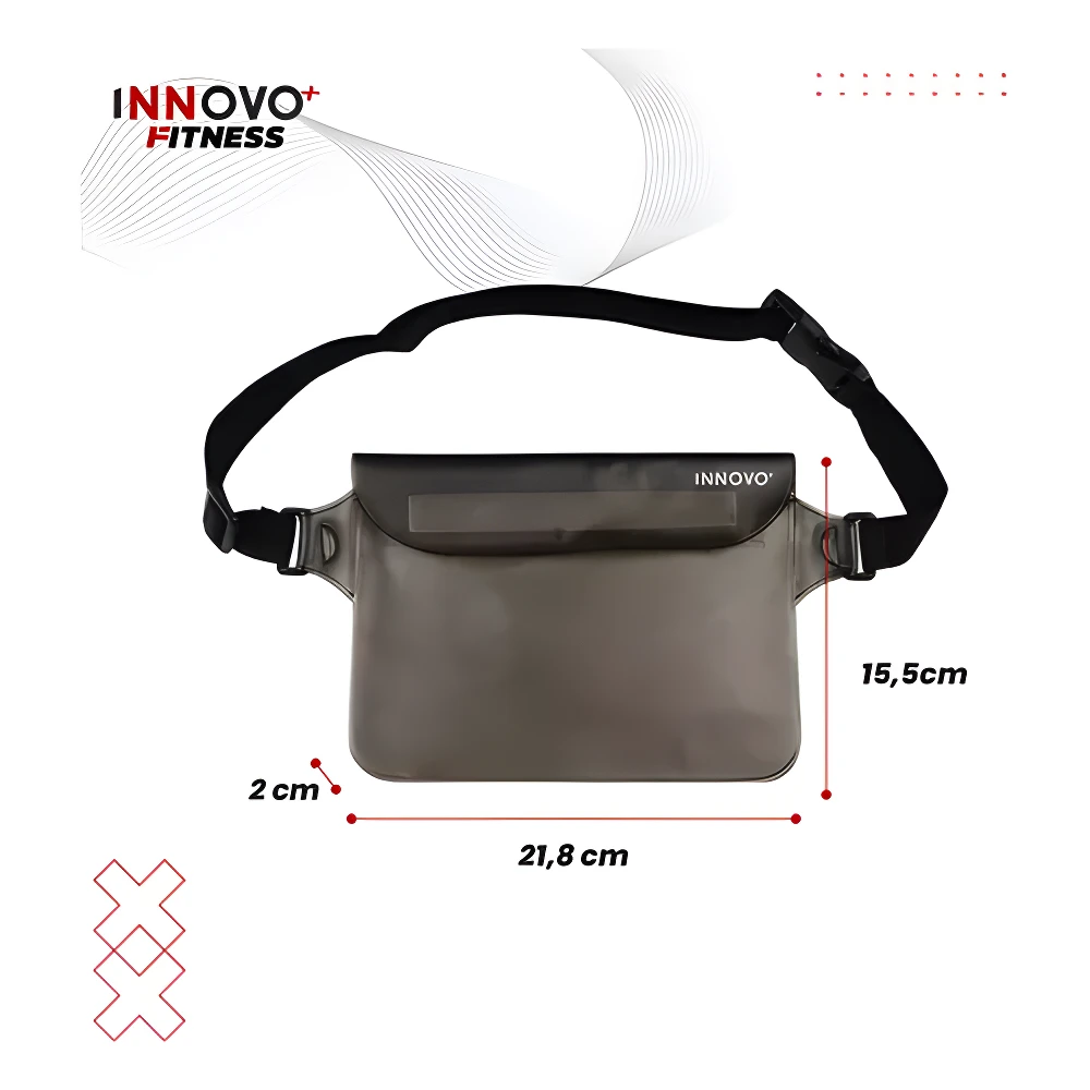 Riñonera impermeable Innovo Fitness gris ahumado de 21,8 cm x 15,5 cm, con correa ajustable y sello hermético.