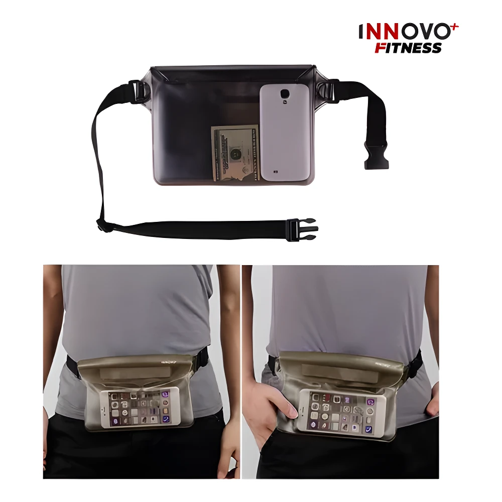 Riñonera impermeable INNOVO FITNESS negra con celular y dinero, usada en cintura por persona con camiseta gris.