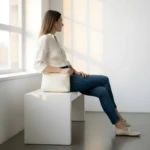 Bolso Dama Karla Chacon Cuba Beige, cruzado, en cuero, junto a mujer sentada junto a ventana.