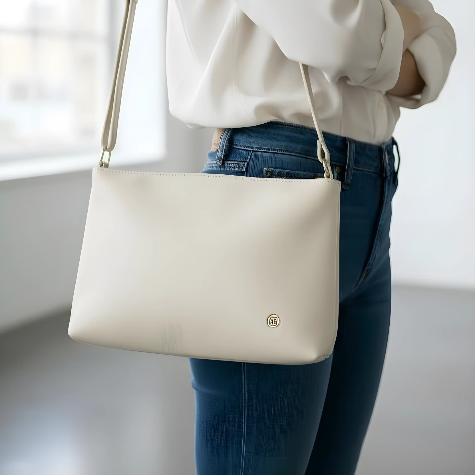 Bolso cruzado Karla Chacon Cuba beige de cuero liso, visto sobre jeans.