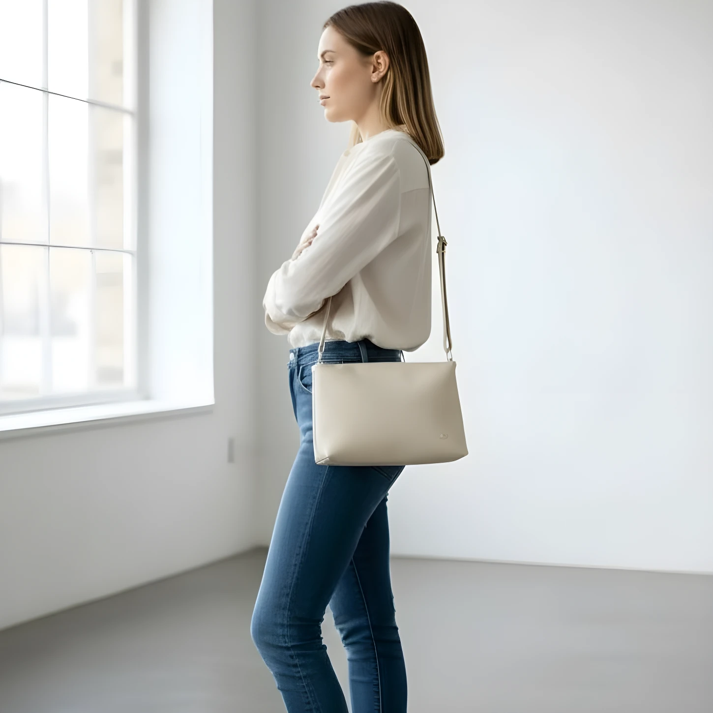 Bolso dama Karla Chacón Cuba beige cruzado de cuero, en pose casual junto a ventana.