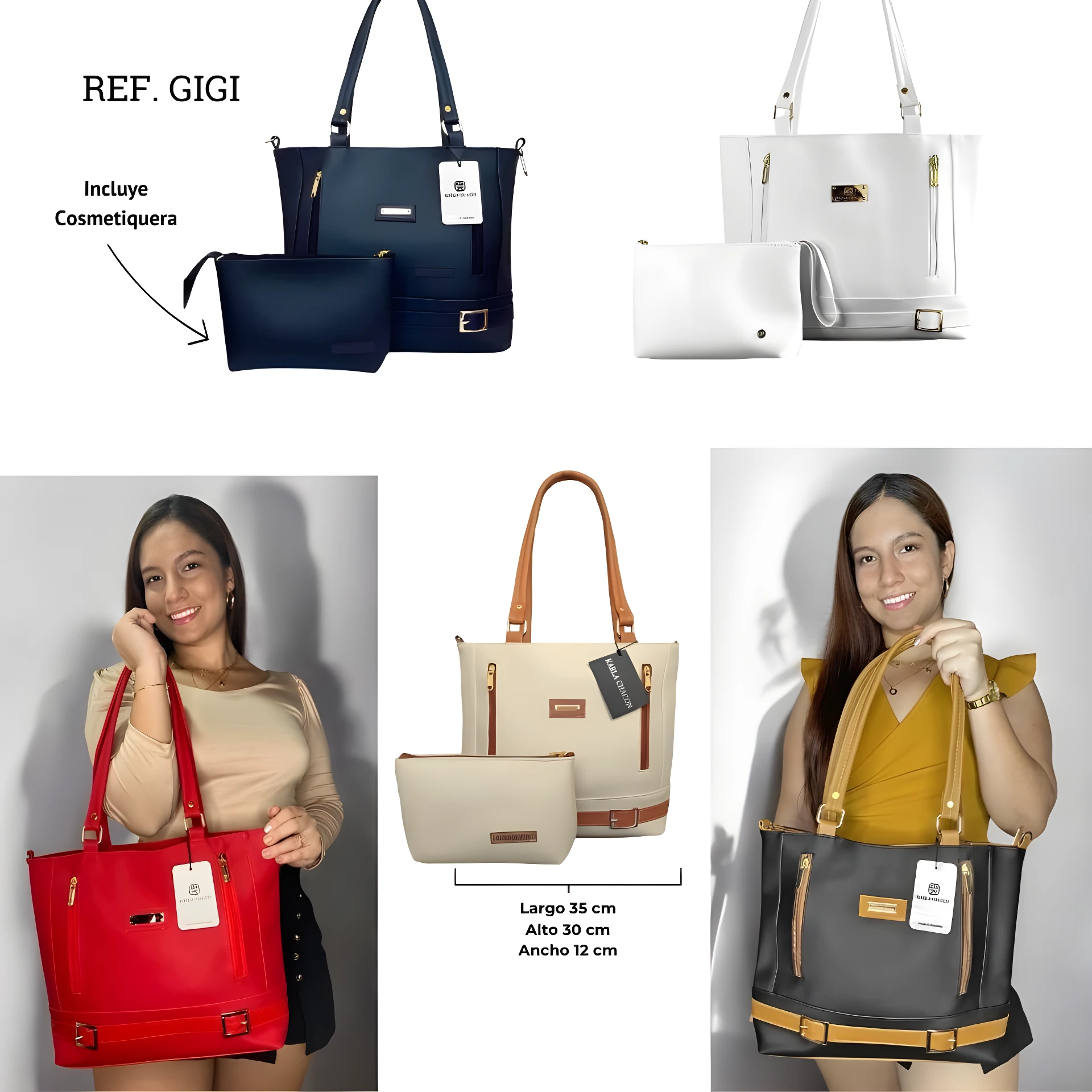 Bolso tote beige Karla Chacón Gigi para dama con cosmetiquera incluida y detalles en café.