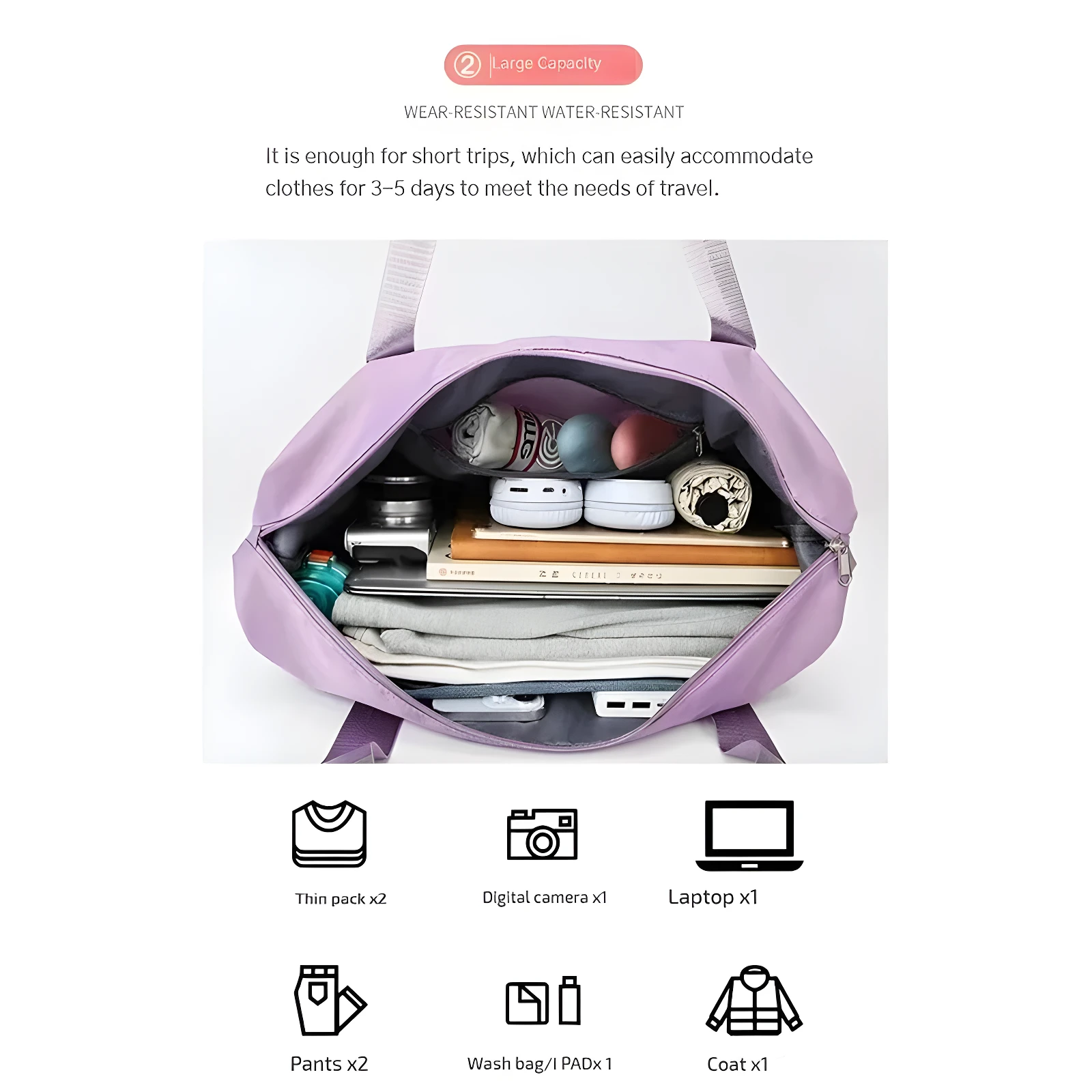 Bolso de viaje lila, espacioso, mostrando su interior con ropa, laptop y accesorios para escapadas.