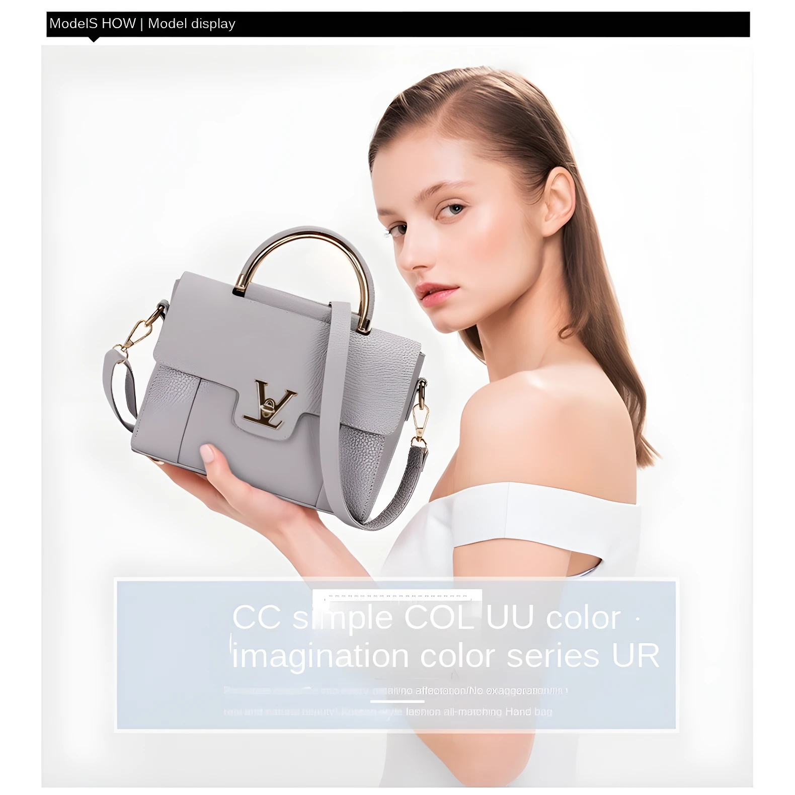 Bolso gris de cuero texturizado con asa dorada y logo "V" para dama.