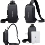 Bolso cruzado antirrobo negro con puerto USB y candado, ideal para viajes cortos.